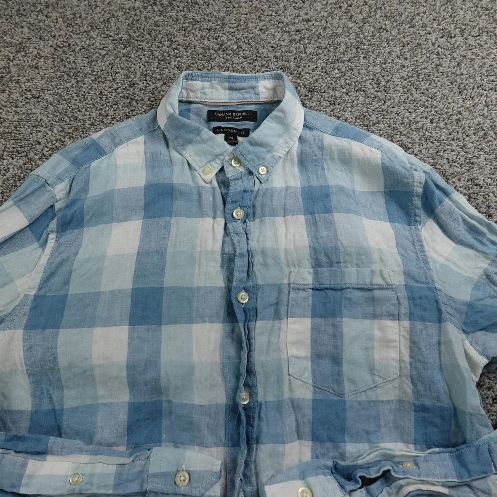 Banana Republic Shirt Mens M Blue Check Linen Chambray Button Up Long Sleeve Top
